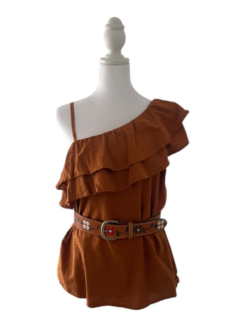 Old Navy One Shoulder Assym Cognac Brown Ruffle Linen Blend Boho Tank Top size S